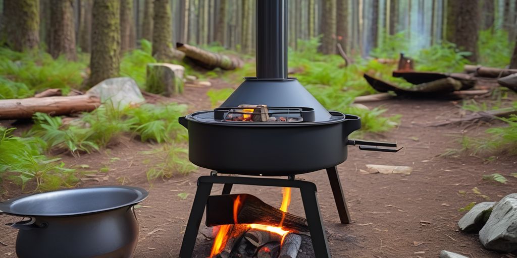 rocket stove with Dutch oven in outdoor camping setting