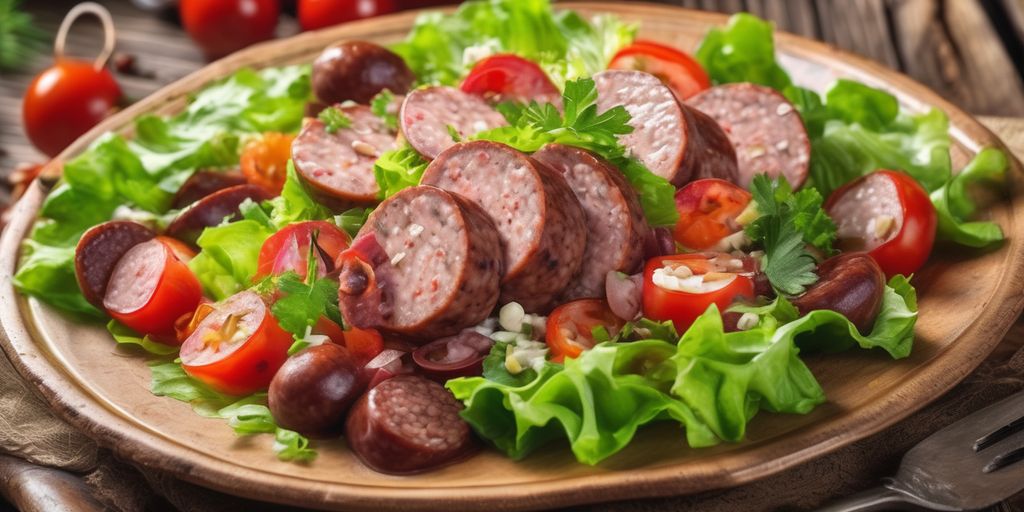 traditional German sausage salad, perfect portion, delicious taste, rustic setting, close-up
