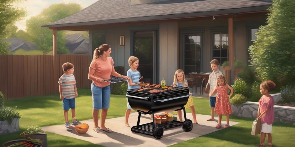 children grilling with family in backyard