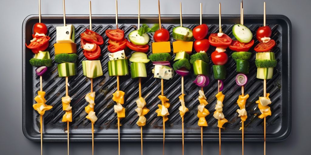vegetable skewers with cheese on grill